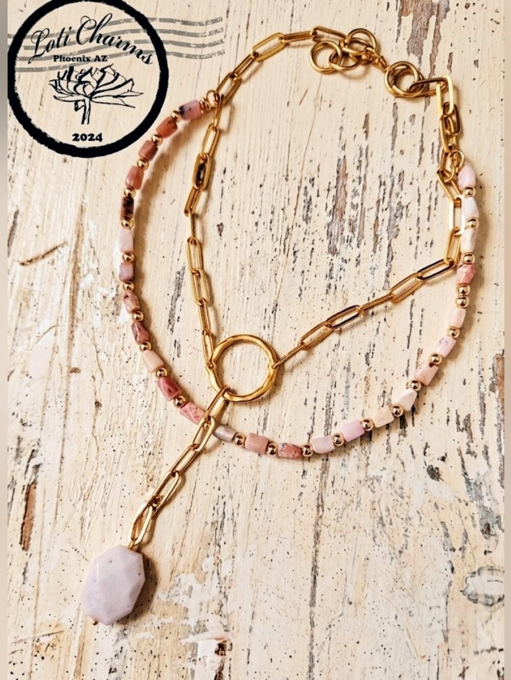 Natural Peruvian Pink Opal Beads & Pendant In Two Strand Paperclip Necklace